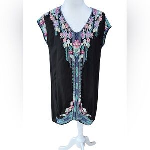 Johnny Was Black Embroidered V-Neck Floral Tunic